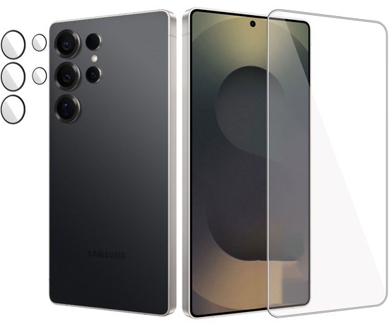 Zwarte Samsung telefoon met camera-eiland, vijf ronde protectors en een doorzichtige screenprotector. De screenprotector wordt over de voorkant van de telefoon gelegd.