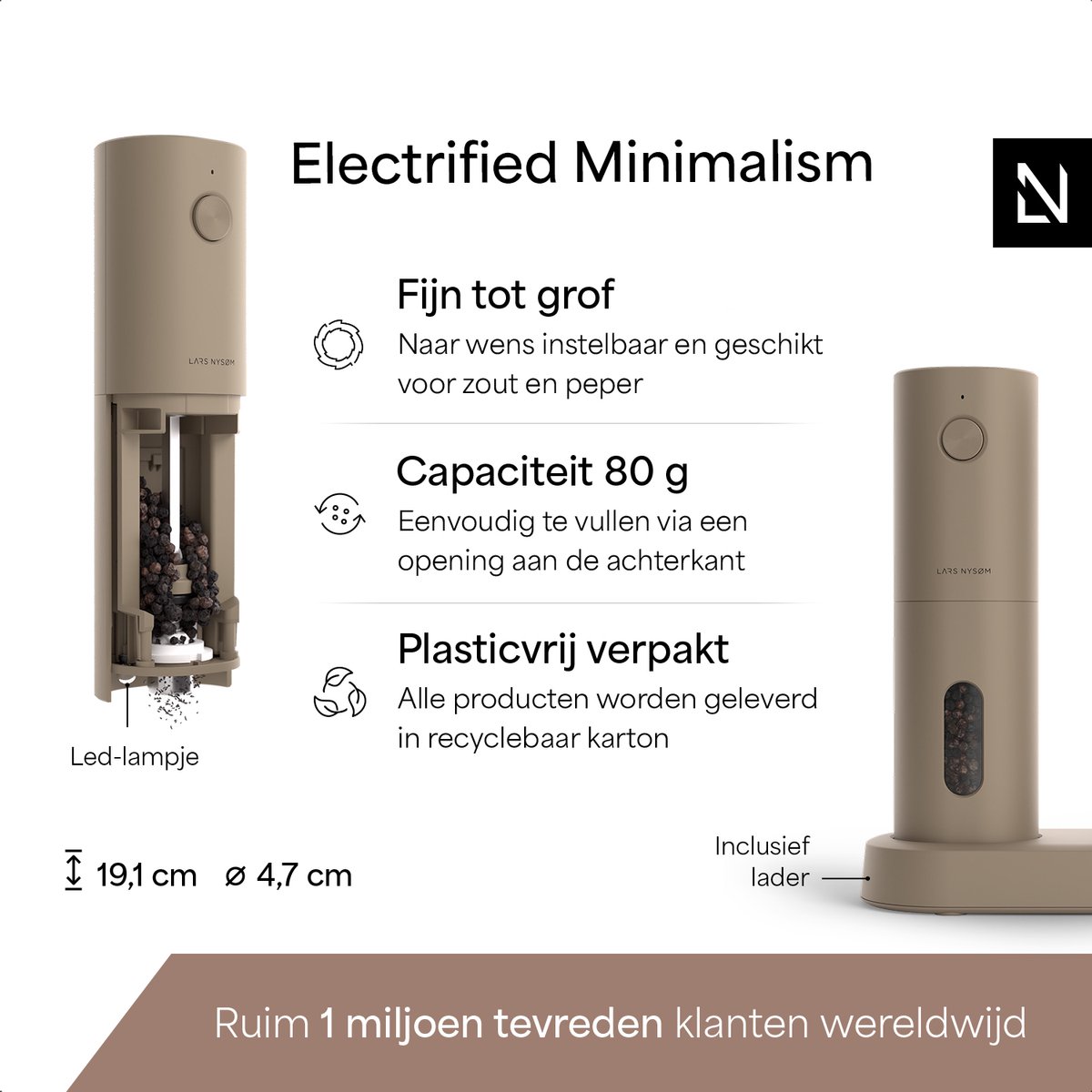 LARS NYSØM Elektrische Zout- en Pepermolen Set Spænding - 2-delige Set met verstelbaar keramisch maalwerk van grof tot fijn - Automatisch kruidenmolense (Taupe Brown) — cadeau in Kookcadeaus - foto 2