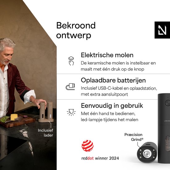 Elektrische pepermolen met keramisch instelbaar maalwerk, inclusief lader. Bekroond ontwerp met red dot winner 2024.