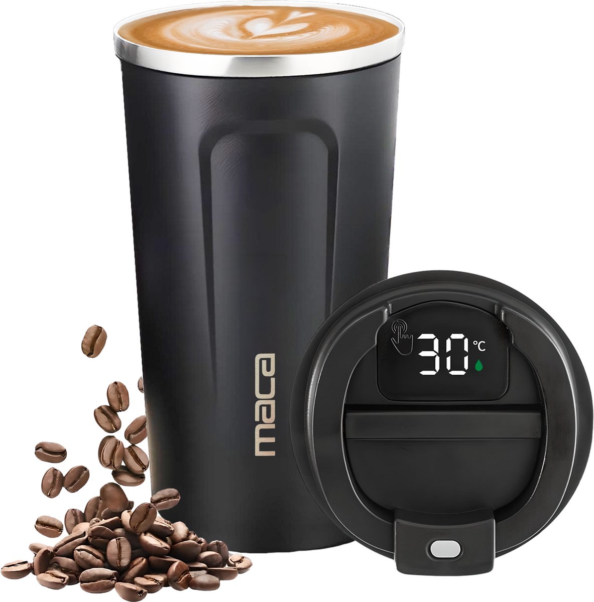 Maca Thermosbeker - Koffiebeker To Go - Met Temperatuurmeter - 510ml - Travel Mug - RVS - Zwart