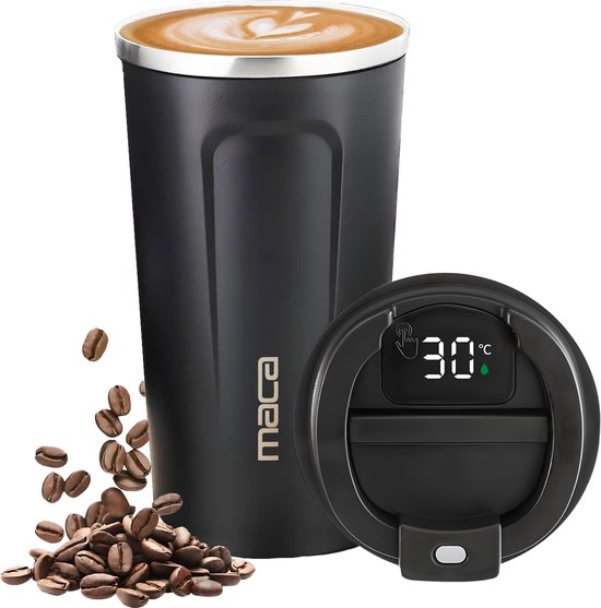 Maca Thermosbeker - Koffiebeker To Go - Met Temperatuurmeter - 510ml - Travel Mug - RVS - Zwart