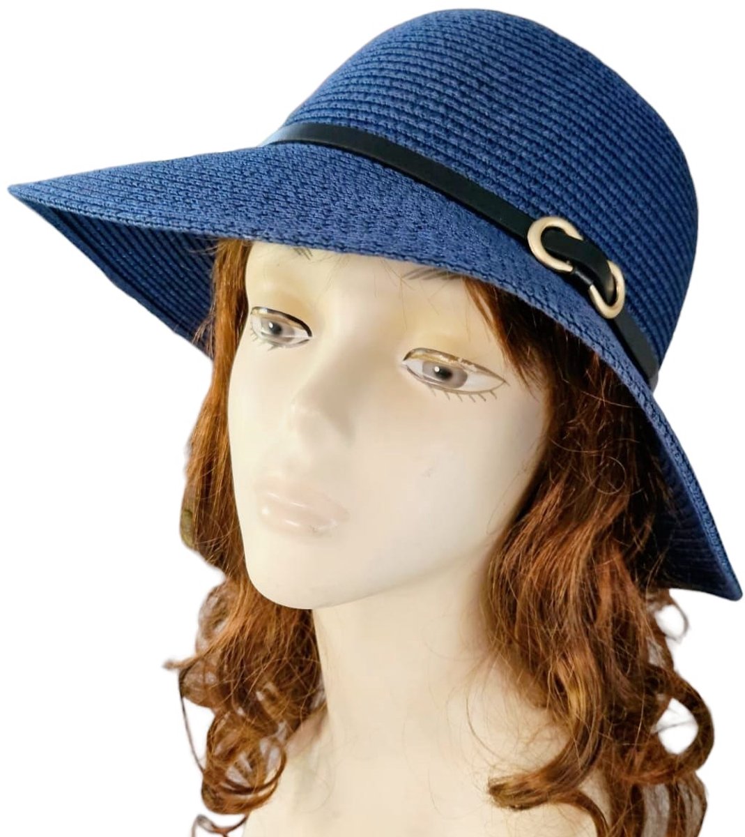 Mooie zonnehoed Blauw- Licht materiaal, Goudkleurig details - Unisex Comfortabel Verstelbare Strohoed - Hoed UV bescherming - One size Verstelbaar 56-60 cm| Fietsen| Strand| Vakantie| Varen | Wandelen| Moederdag cadeau