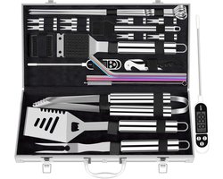 Famanu Extra dikke RVS grillset voor mannen, set van grilaccessoires voor BBQ in achtertuin, cadeauset met grilltools, met vleesthermometer, in aluminium koffer, 26 stuks, zilver