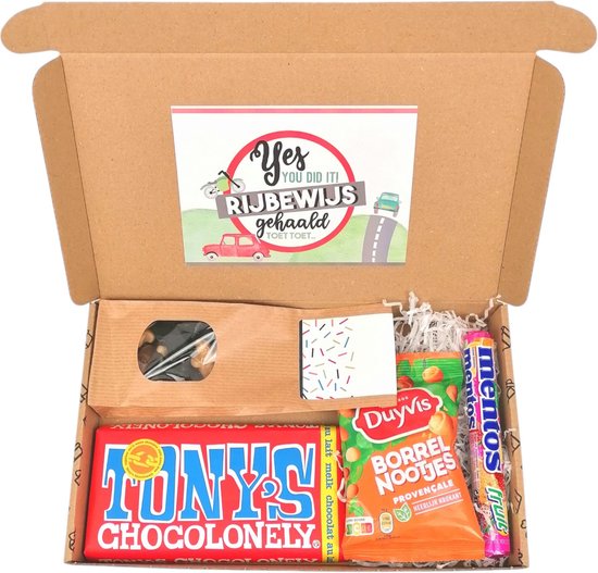 Rijbewijs cadeau - Rijbewijs gehaald - Tony Chocolonely melk- Duyvis borrelnootjes - Mentos fruit - dropmix
