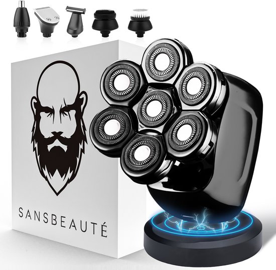 6-in-1 Scheerapparaat Mannen – Trimmer - Tondeuse - Sansbeauté® SkullSharp PRO - Electric Face & Head Shaver - Hoofd Kaal Scheren – Nat & Droog - Draadloos Opladen - Elektrisch