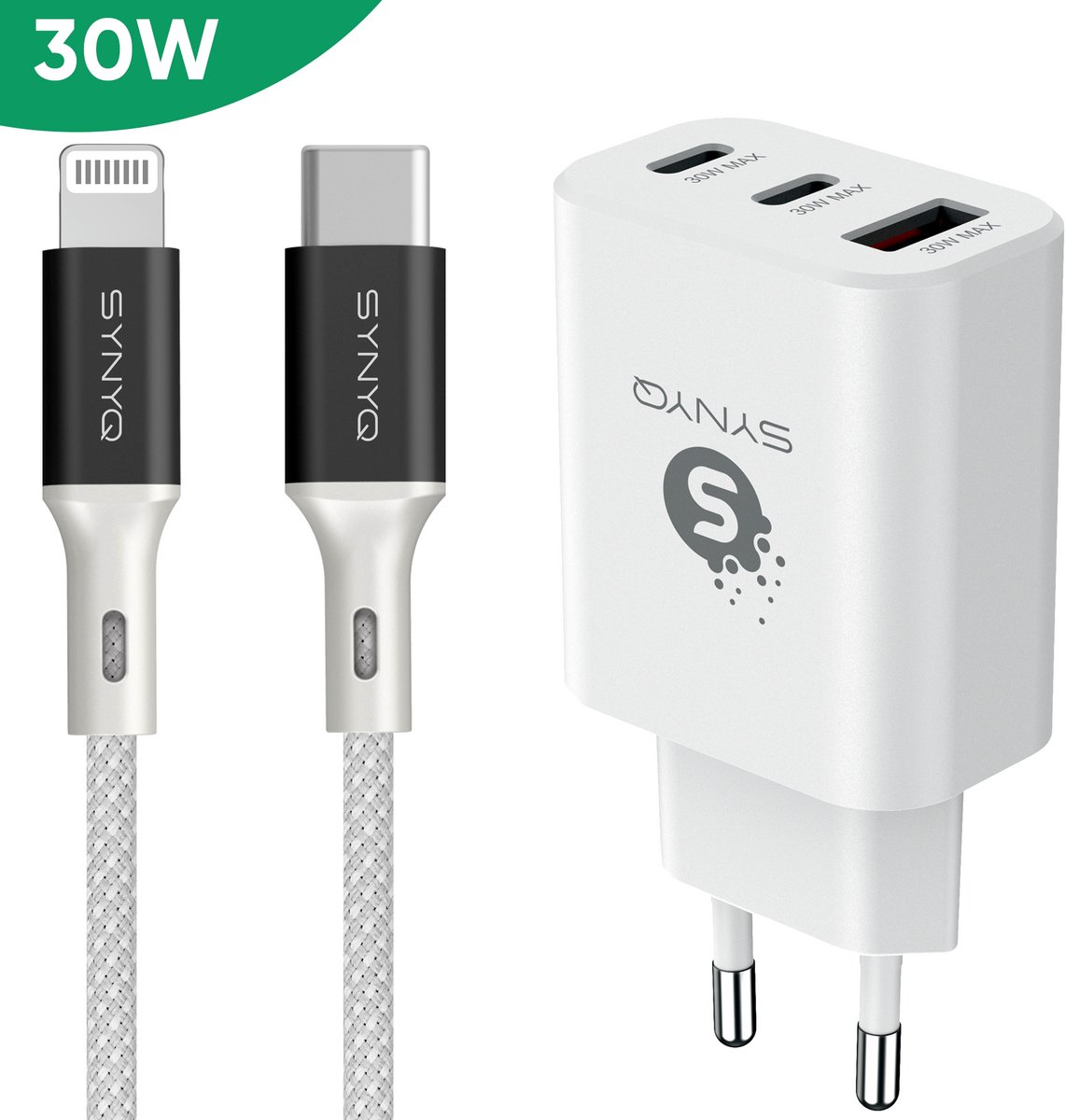 Synyq 30W GaN2 Snellader - 3 Poorten - 2m oplaadkabel - Gecertificeerd - Lader geschikt voor Iphone - Geschikt voor iPhone 14/13/12/11/X - 2 meter