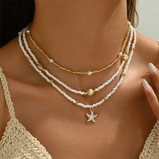 3-delige Dames Ketting Set – Schelp, Ster & Parel Hangers – Kralen Ketting Goudkleurig Dames – Zomer Sieraden Strandlook – Perfect voor Vakantie, Festival, School & Boho Outfit