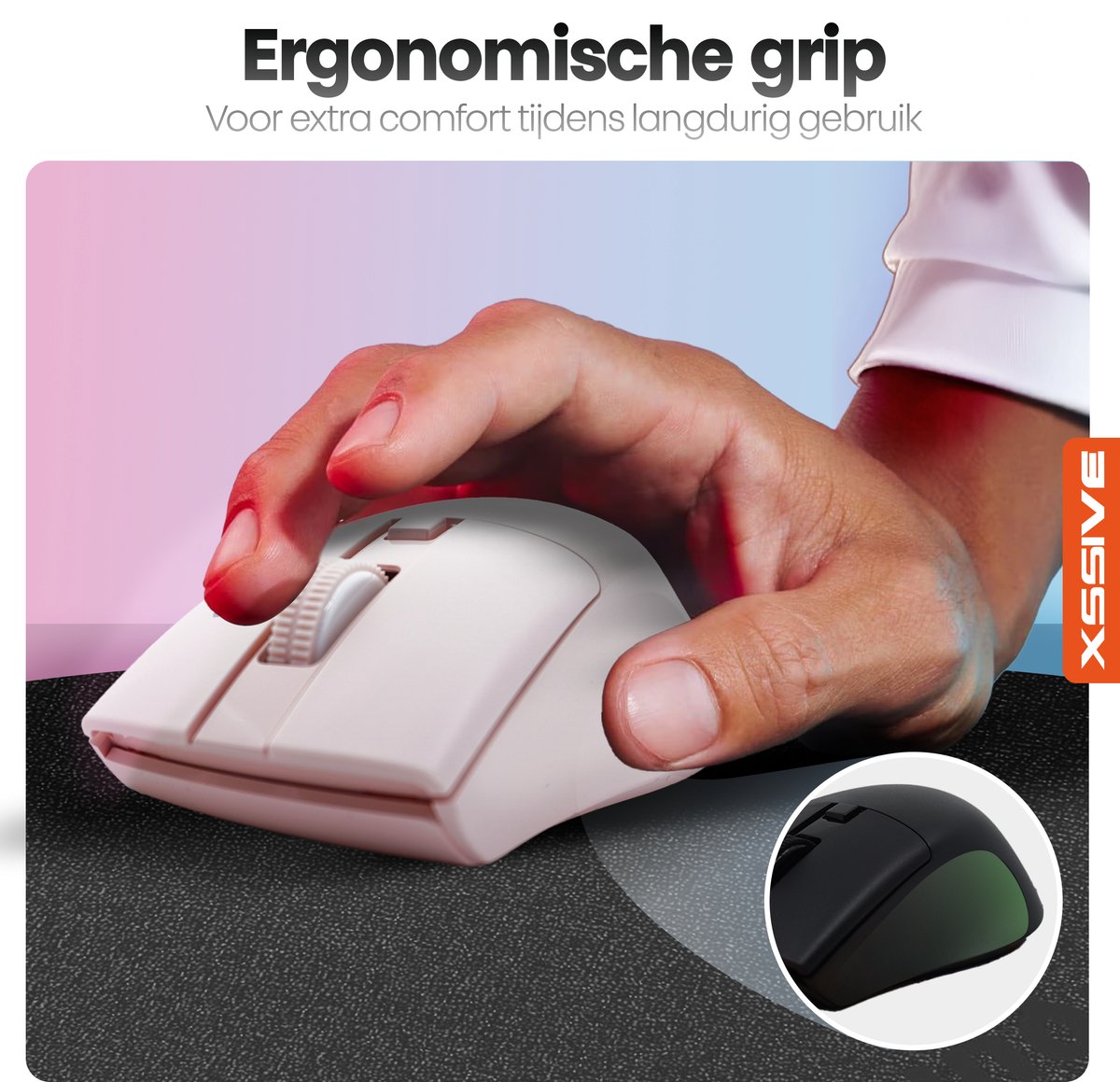 Xssive MS4 Stille Draadloze Muis voor Laptop, Tablet, Telefoon, PC - Bluetooth + Draadloos 2.4G Dongle - Ergonomisch - Roze thumbnail 4