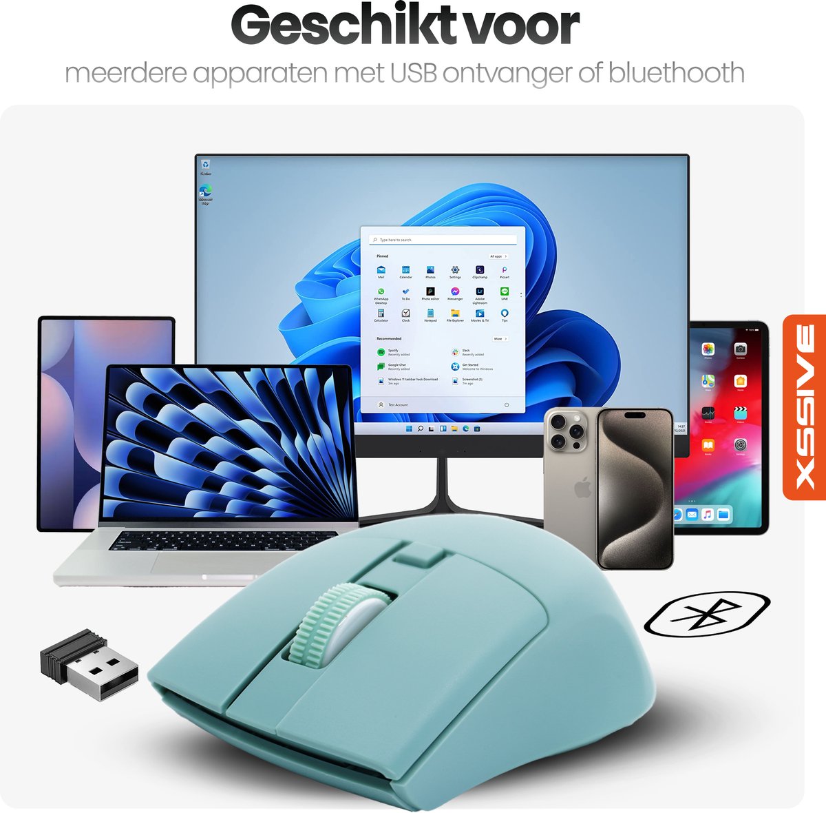 Xssive MS4 Stille Draadloze Muis voor Laptop, Tablet, Telefoon, PC - Bluetooth + Draadloos 2.4G Dongle - Ergonomisch - Groen thumbnail 6