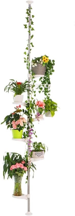 Foto: 7 laags spanningspaal plantenstandaard indoor decoratieve metalen bloempot houder display rek vloer tot plafond verstelbare hangende hoekplank ruimtebesparend ivoor
