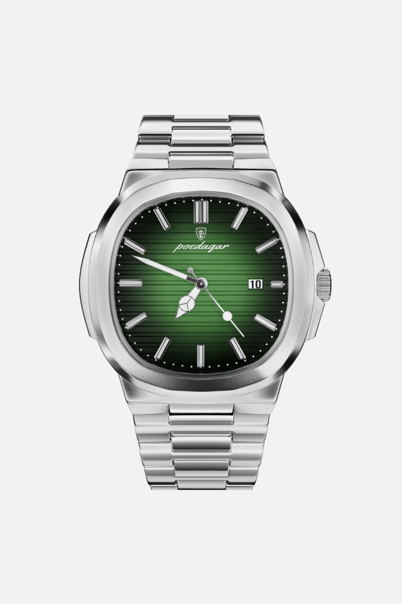 Selevie Horloge Aquarius - Zilver Staal - Donkergroene wijzerplaat - Saffierglas, 30M Waterproof, Lichtgevende Wijzers