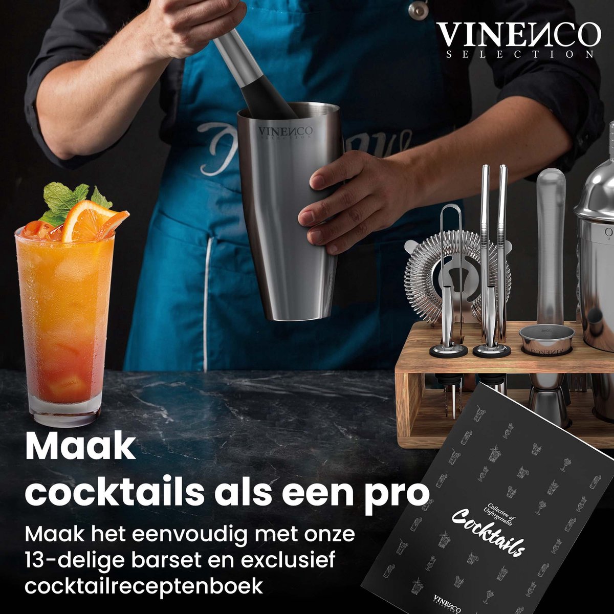 VINENCO Cocktailshaker Set Manhattan met Houten + Recepten Boek: 13 Delig RVS Staal Premium Barkeeper Kit | Prof Cocktail Shaker Bar Accessoires Martini Gin Mojito Longdrinks Party Verjaardag Cadeau Man Vrouw — cadeau in Kookcadeaus - foto 3