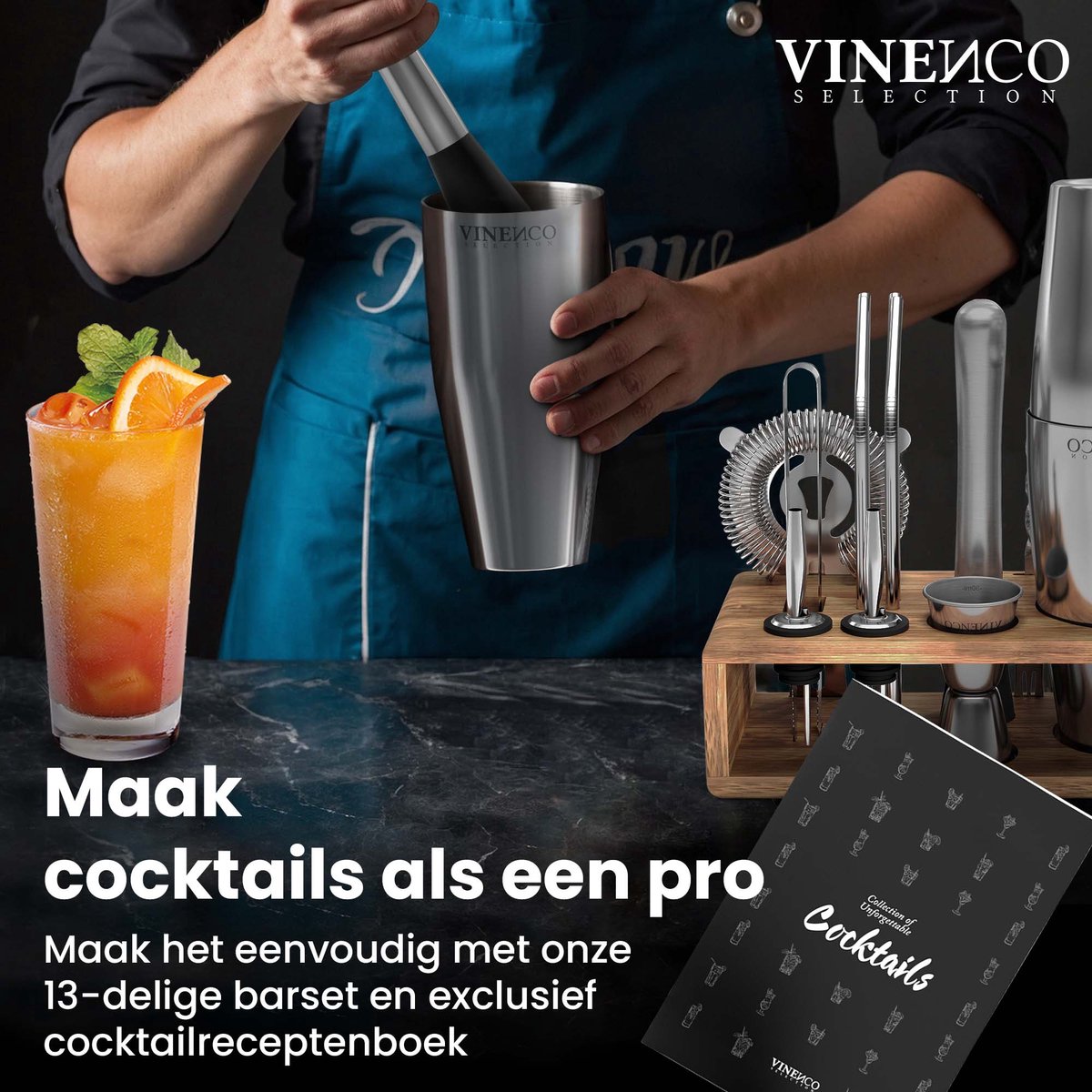 VINENCO Cocktailshaker Set Boston met Houten + Recepten Boek: 13 Delig RVS Staal Premium Barkeeper Kit | Prof Cocktail Shaker Bar Accessoires Martini Gin Mojito Longdrinks Party Verjaardag Cadeau Man Vrouw — cadeau in Kookcadeaus - foto 2