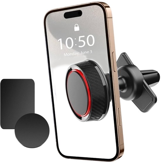 Zwarte telefoonhouder met rode ring en carbon-look op smartphone.