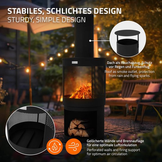 Zwarte tuinhaard met vuur, hout, en de tekst 'STABILES SCHLICHTES DESIGN'.