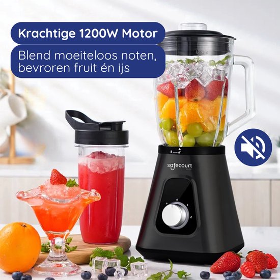 Safecourt Kitchen Blender - 1,5L Glas & 600ml To-Go beker - 1300W Smoothie maker - Krachtig, stil en eenvoudige reiniging