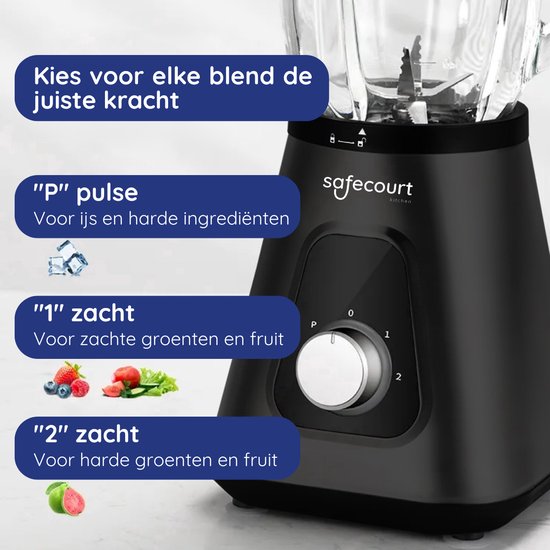 Safecourt Kitchen Blender - 1,5L Glas & 600ml To-Go beker - 1300W Smoothie maker - Krachtig, stil en eenvoudige reiniging