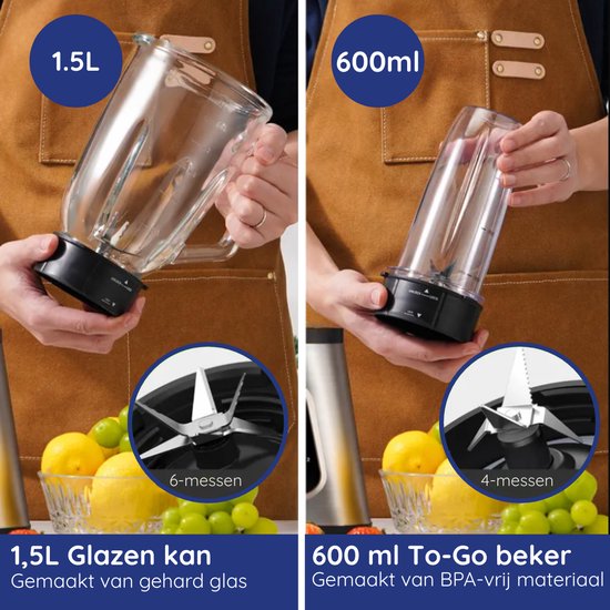 Safecourt Kitchen Blender - 1,5L Glas & 600ml To-Go beker - 1300W Smoothie maker - Krachtig, stil en eenvoudige reiniging