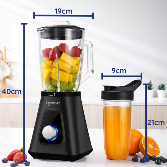 Safecourt Kitchen Blender - 1,5L Glas & 600ml To-Go beker - 1300W Smoothie maker - Krachtig, stil en eenvoudige reiniging