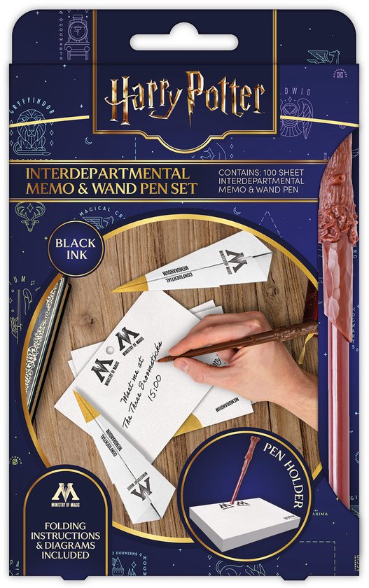 Harry Potter memo- en toverstaf-pen set in verpakking met 100 vellen en vouwinstructies.