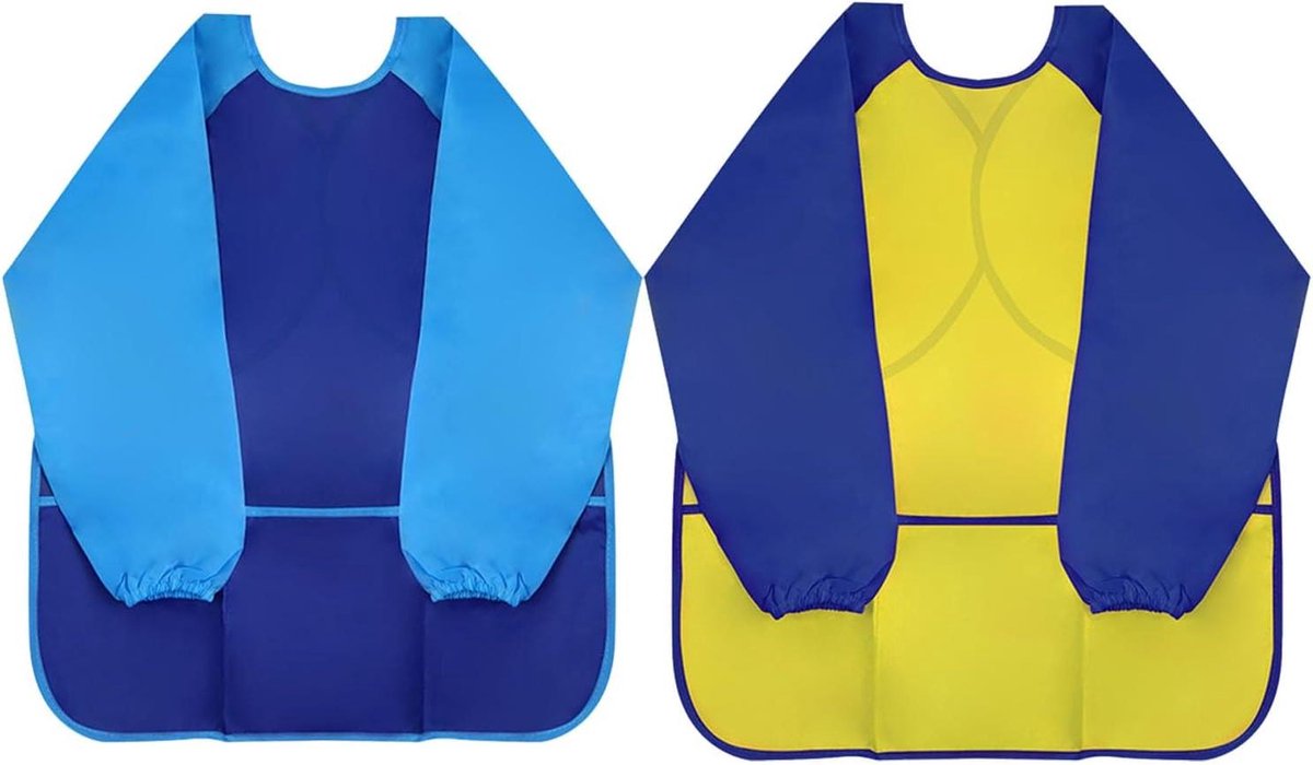 Set van 2 Waterdichte Artistieke Schorten voor Kinderen (2-6 jaar) - Ideaal voor Schilderen, Koken, Knutselen en Kleien - Geel en Blauw - Afmetingen: 23 x 17 x 18,9 inch