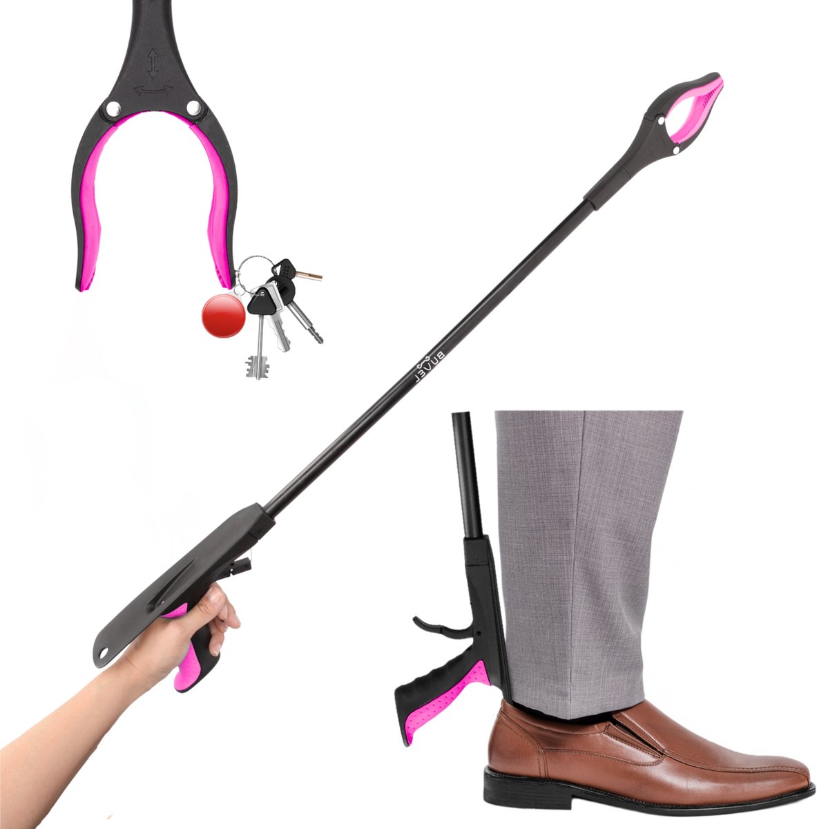Buvel® 3-in-1 Afvalgrijper – 88 cm vaste steel | Lichtgewicht, ergonomisch en multifunctioneel Roze