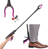 Roze grijper pakt sleutels en helpt bij het aantrekken van schoenen.