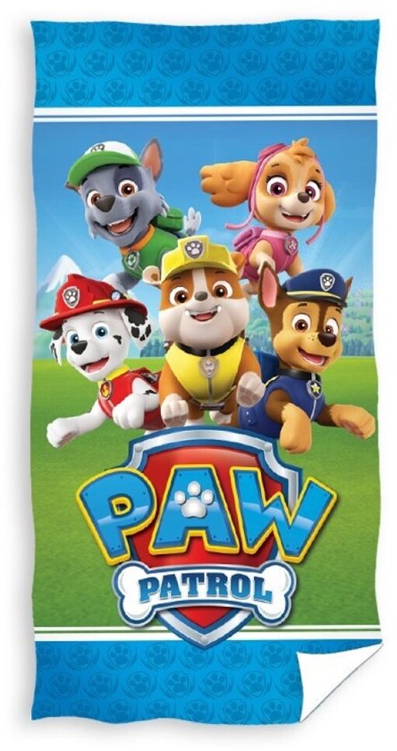 Drap de plage bleu avec les chiots de la Pat' Patrouille Chase, Marshall, Rubble, Rocky, Zuma et Skye.