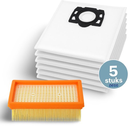 DEGG® - Stofzuigerzakken (5 stuks) + Vlakfilter - Geschikt voor Kärcher WD4, WD5, WD6, MV4, MV5, MV6 | Vervangt: 2.863-006.0 & 2.836.005.0