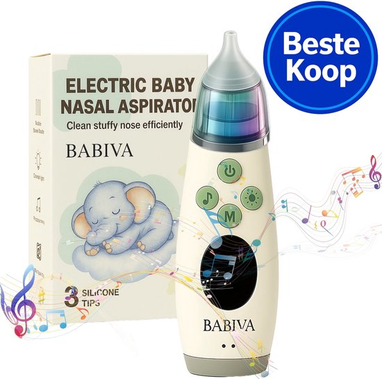 BABIVA® Neusreiniger Premium 2025 – Elektrische neusreiniger baby – Zachte baby neusreiniger met licht en muziek – Neusdouche - Oplaadbaar & draagbaar – Baby Neusreiniger & neusaspirator - Inclusief neusreiniger opbergdoos