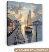 Tableau sur toile 20x20 cm - Décoration murale exclusive Voilier - Soleil - Jetée - Bois - Décoration murale salon - Décoration chambre - Accessoires chambre - Peintures sur toile