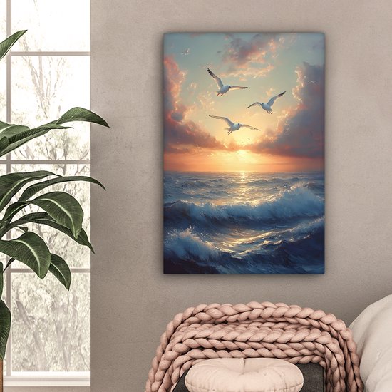Tableau sur toile 60x90 cm - Décoration murale exclusive Mouettes - Coucher de soleil - Mer - Nuages ​​- Décoration murale salon - Décoration chambre - Accessoires chambre - Peintures sur toile