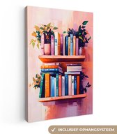 Canvas schilderij 80x120 cm - Exclusieve wanddecoratie Planken - Boeken - Bladeren - Muurdecoratie woonkamer - Slaapkamer decoratie - Kamer accessoires - Schilderijen op canvas