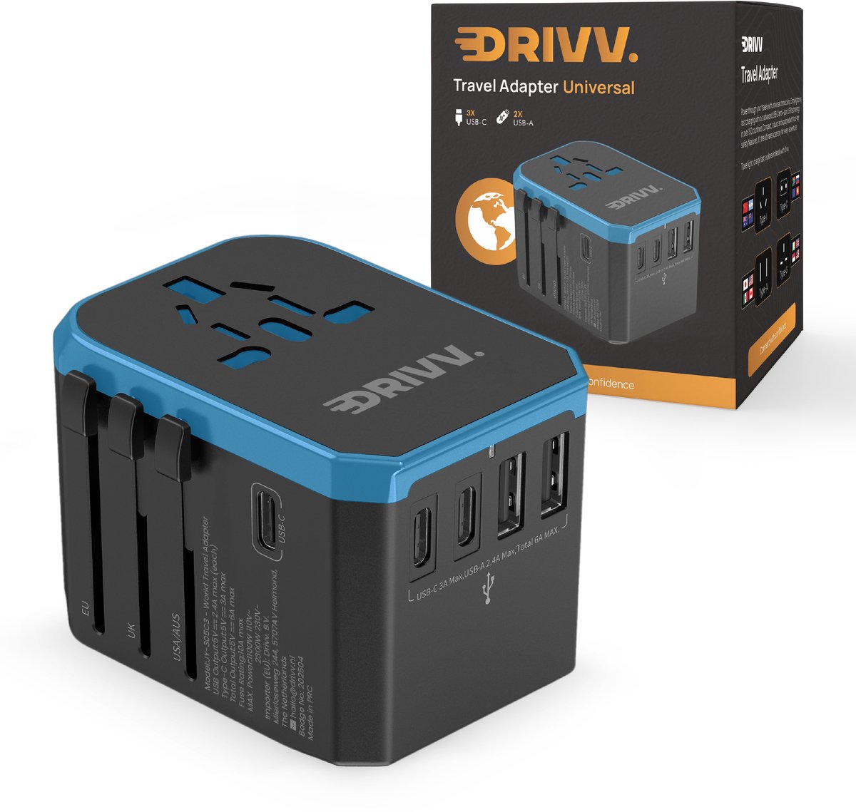 Drivv. Universele Wereldstekker - 2x USB & 3x USB C Fast Charge - Reisstekker Amerika / Engeland / UK / Canada / Thailand / Afrika/ Japan / Mexico / Zuid Amerika -Type A, B, C, E, F, G, I, J, L, N - 150+ Landen - Reisadapter - Zwart