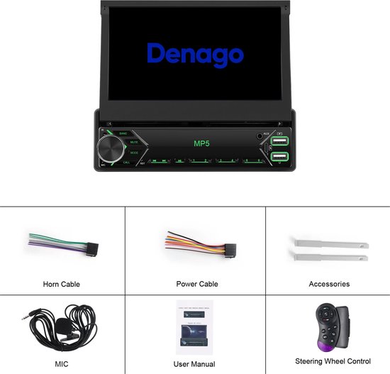 Denago autoradio met klapscherm en meegeleverde accessoires: hoornkabel, powerkabel, accessoires, microfoon, handleiding en stuurbediening.