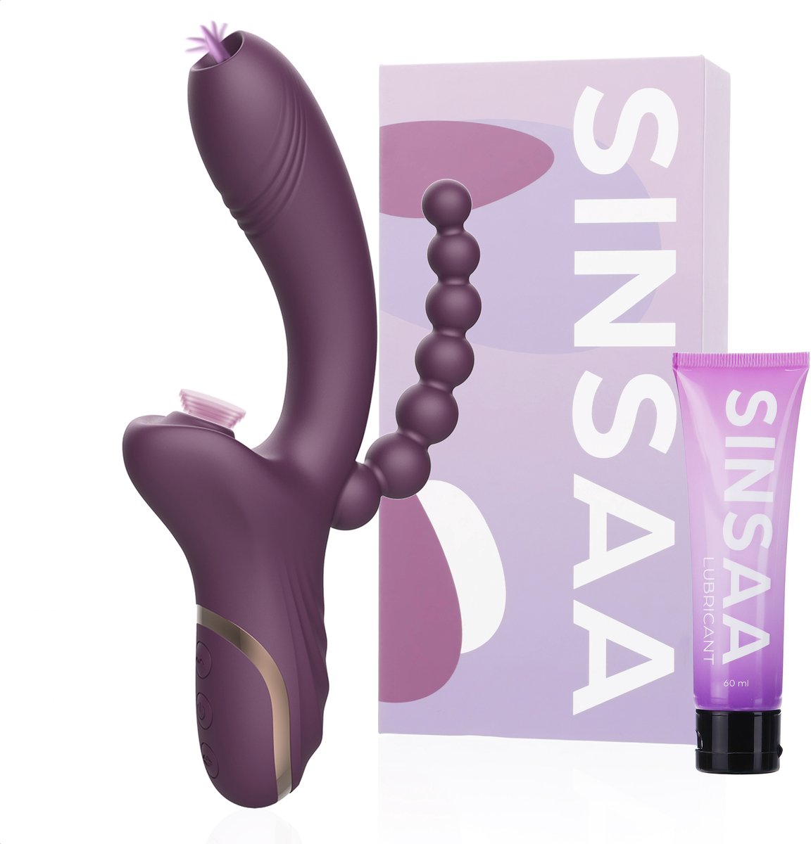 Sinsaa Tarzan Vibrator - Rabbit Vibrator – G-Spot & Luchtdruk Clitoris Stimulator – Anaal kralen - Vibrators voor vrouwen - 10 Vibratiesnelheden & 5 Zuigfunctie snelheden - Inclusief glijmiddel – Lana – Donker Paars