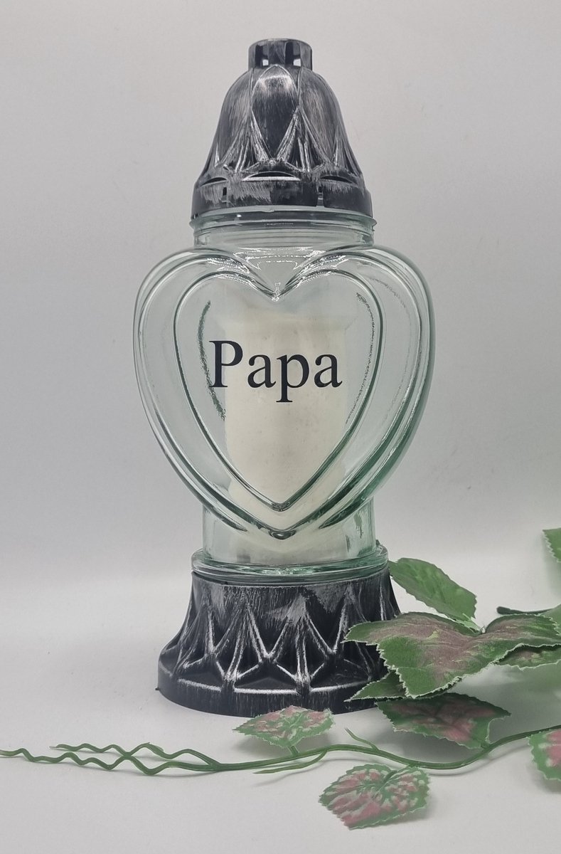 Herdenkingslicht - Papa - P39a - Zilver - Transparant glas - Grafkaars - Graflicht - Graflantaarn - Windlicht