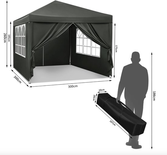 LifeGoods Partytent - Paviljoen - 3x3 m - Easy Up - Opvouwbaar - Waterdicht - Draagtas met