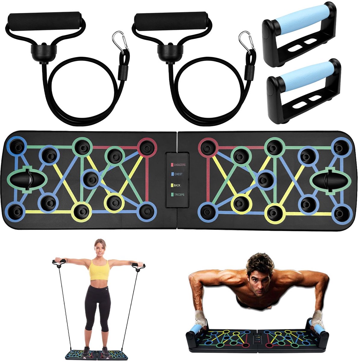 Ibenzoa® Draagbaar Opvouwbaar Push-up Bord met Elastische Weerstandsbanden voor Intensieve Spiertraining