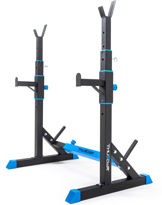 THUNDER® | Haltersteun | CARMI | Verstelbaar en Massief | Belastbaar tot 200 kg | Voor Squats & Bankdrukken | Antislip Voeten | Compact Ontwerp | Eenvoudige Montage | Stabiele Constructie | Voor Thuisgym | Hoogte Verstelbaar | Veilig & Duurzaam |