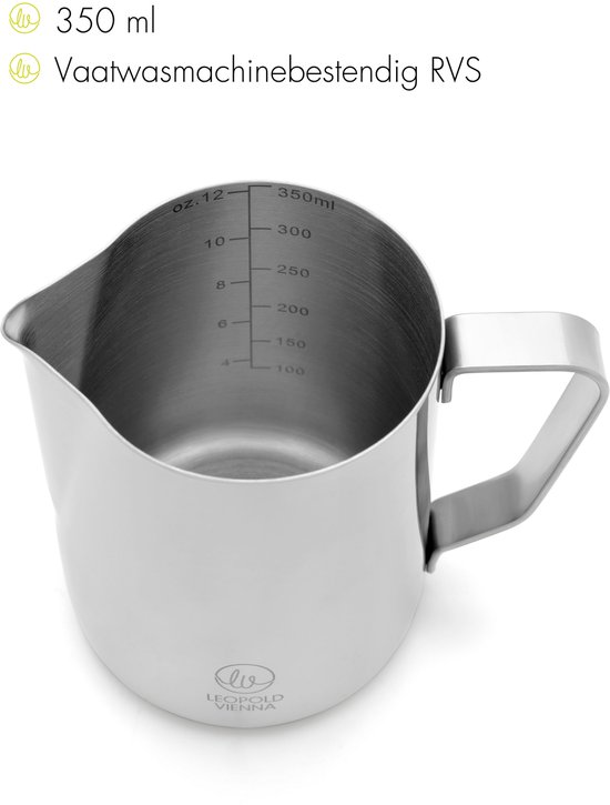 Roestvrijstalen melkopschuimerkan van 350ml met maataanduiding tot 300ml.