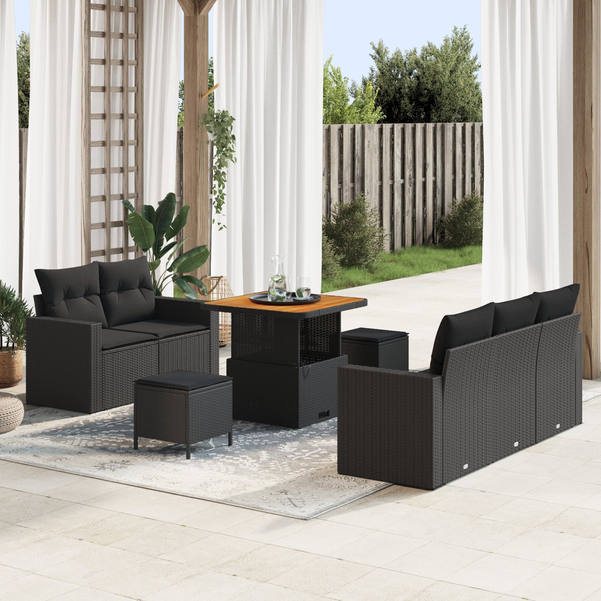 vidaXL - Tuinbank - Set - met - kussen - 8 - pcs - Zwart - poly - rattan