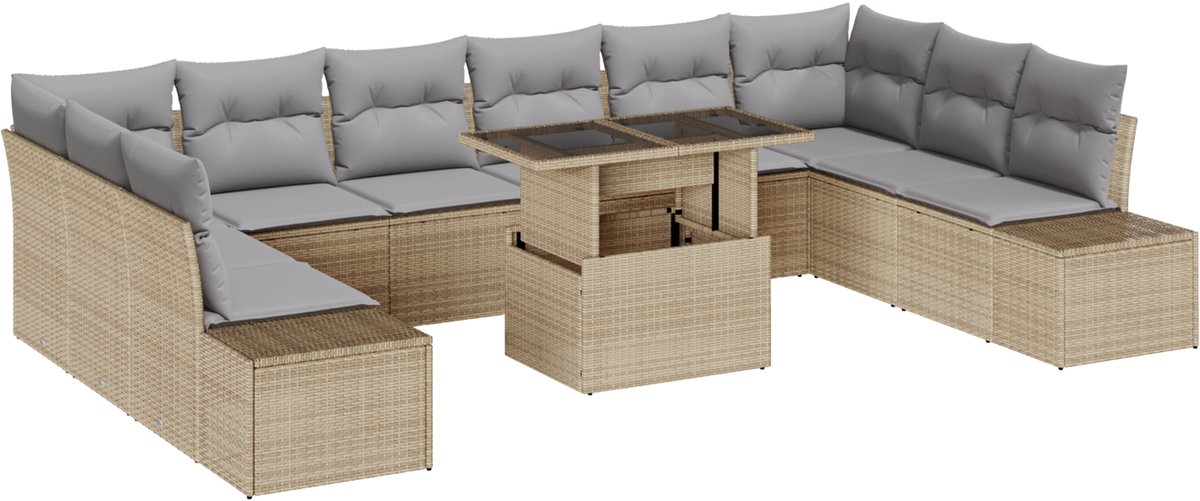 vidaXL - Tuinbank - Set - met - kussen - met - opslag - 11 - pcs - beige - en - lichtgrijs
