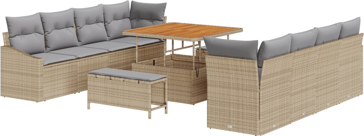vidaXL - Tuinbank - Set - met - kussen - met - opslag - 11 - pcs - Beige - en - Lichtgrijs