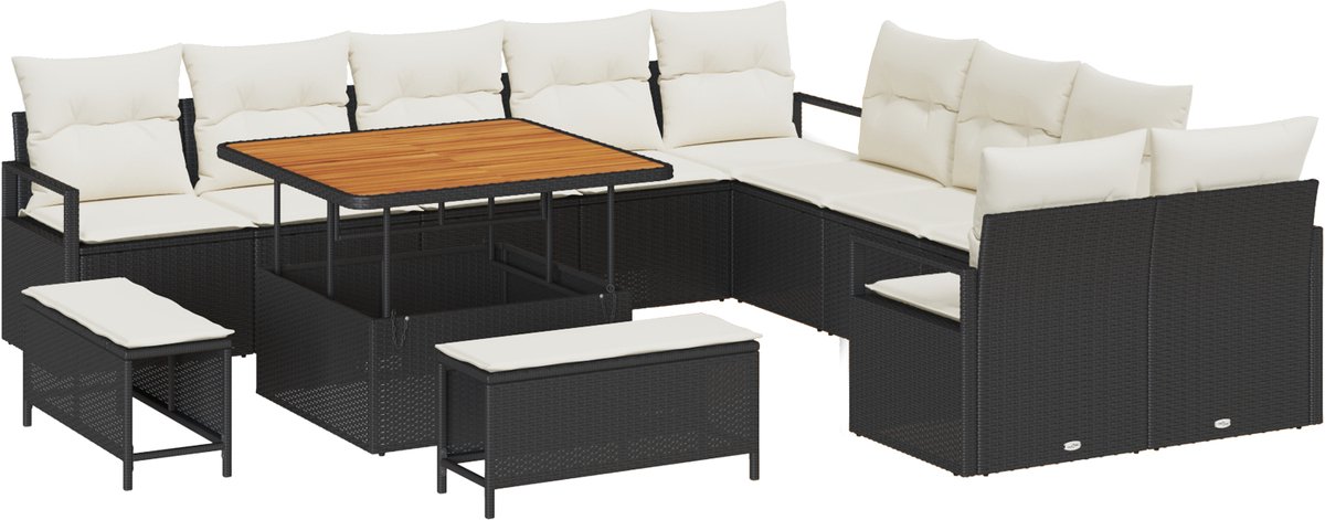 vidaXL - Tuinbank - Set - met - kussen - 13 - pcs - Zwart - poly - rattan