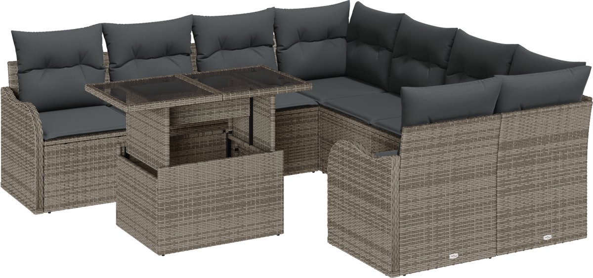 vidaXL - Tuinbank - Set - met - kussen - met - kussen - 9 - pcs - Grijs - Polyrattan