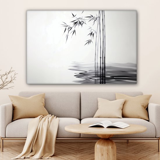 Tableau sur toile 120x80 cm - Décoration murale exclusive Tiges de bambou - Eau - Minimaliste - Wit - Décoration murale salon - Décoration chambre à coucher - Accessoires de chambre - Tableaux sur toile