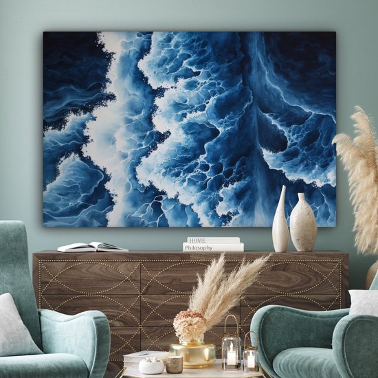 Canvas schilderij 180x120 cm - Exclusieve wanddecoratie Golven - Blauw - Schuim - Muurdecoratie woonkamer - Slaapkamer decoratie - Kamer accessoires - Schilderijen op canvas