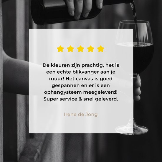 Klantrecensie met vijf sterren over prachtig canvas van wijnschenkende handen met ophangsysteem.