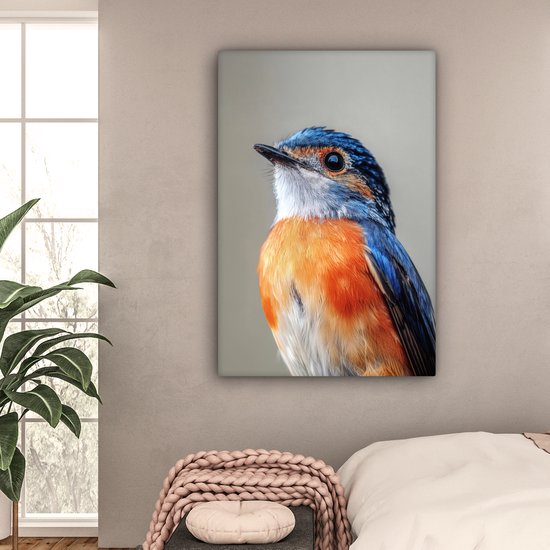Tableau sur toile 80x120 cm - Décoration murale Colorée - Oiseau - Ressorts - Blauw - Décoration murale salon - Décoration chambre - Accessoires chambre - Peintures sur toile
